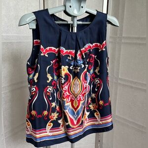 Talbots Silk Blouse Damask Floral Navy Red Popover Top Size 8
